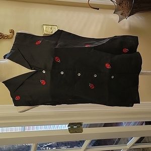 Edward 100% Irish Linen Sleeveless Top Black red embroidered ladybugs Lg EUC…